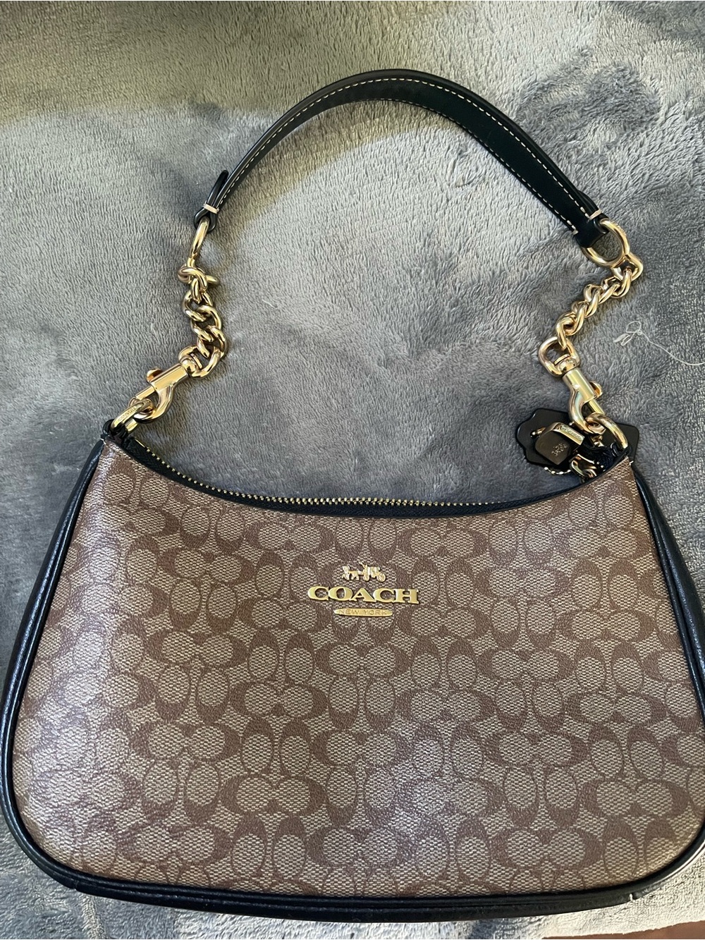 Coach Brown Signature Canvas Shoulder Bag with Black Trim